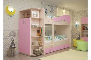 Двухъярусная кровать со шкафом Мая щиты розовый